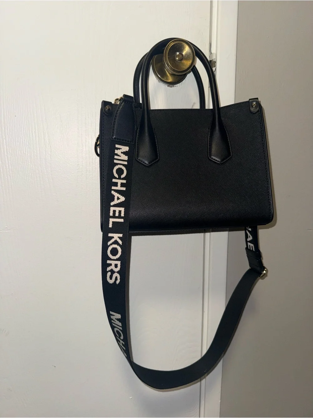 Michael Kors Black Leather Satchel with Gold MK Charm
